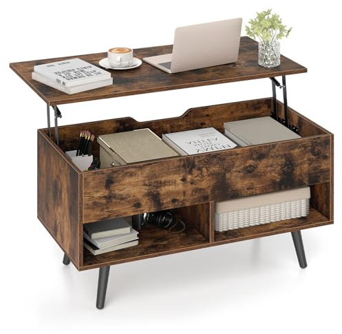 GOPLUS Mesa de Centro Elevable con Patas de Madera, 80 x 40 x 58 cm, Mesita de Sofa Baja con 1 Compartimento y 2 Estantes Abiertos, Tablero de Moderno para Salón, Oficina, Dormitorio (Marrón)