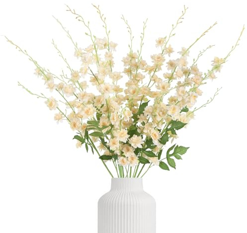 IPOPU Delphinium Artificial Flowers,6PCS Champagne Silk Faux Flowers 42.5'' Realistic Long Stem Hyacinth Flowers for Tall Vase Wedding Party Garden Home Decor (Champagne)