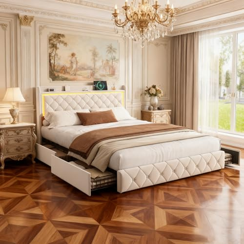 Polsterbett 140x200 cm mit LED-Kopfteil, Doppelbett mit USB-Ladefunktion und Lattenrost, 4 praktischen Schubladen und Stilvollem Design, Ideal für Jugendzimmer und Moderne, Beige Samt, Ohne Matratze