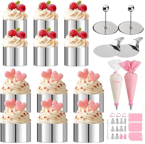 12 Stück Dessertringe Set 40 Stück Spritztüllen und Spritzbeutel(Ø 6cm/8cm) | Tortenring Set mit Deckel, Sockel, 5cm Höhe Nahtlose Runde Servierringe Edelstahl für Backen Dessert Mousse und Kekse
