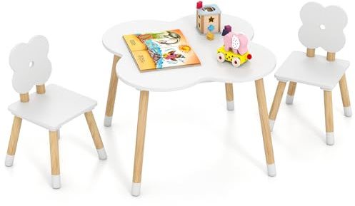 COSTWAY Kindertisch mit 2 Stühlen in Blumenform, 3 teilige Kindersitzgruppe mit FSC nachhaltigen Kiefernholzbeinen, Maltisch Spieltisch, Basteltisch für Kinder ab 3 Jahren (Weiß)