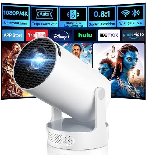 Mini Beamer, Philoent Smart Projektor 4K/1080P Unterstützt Neueste Apps WiFi 6 Bluetooth 5.4 Auto Screen Trapezkorrektur Niedriges Rauschen, Ultrakurzdistanzbeamer bietet großes Bild im kleinen Raum