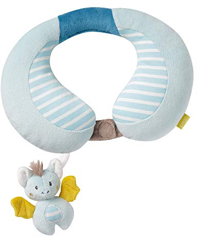 Fehn 065282 Cuscino Pipistrello, cuscino per il supporto del collo con piccolo animaletto con sonaglio, neonati e bambini dai 6+ mesi, dimensioni: 24 x 20 cm