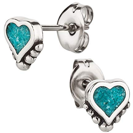 Ohrstecker Ohrringe Herz Silber 925 Sterling Türkis Inlay als Ohrschmuck mit kleiner Schmuckbox - 7K - Indianer Schmuck Geschenke für Damen, Mädchen, Jungen, Kinder und Herren