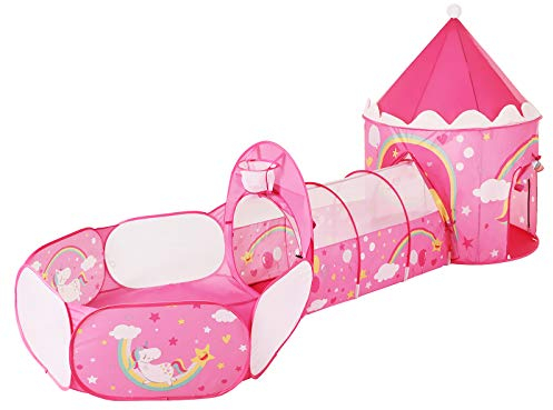 SONGMICS Aire de Jeux 3-en-1, Parc Enfant Pop-up, avec Tente, Tunnel, Piscine à balles, Thème Princesse Licorne, Idée Cadeau, Fête d’Anniversaire, Rose LPT701P01