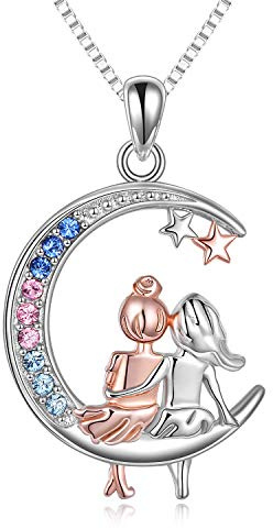 VONALA Schwestern Halskette 925 Sterlingsilber Mond Anhänger Kette Freundschaft Schmuck Geburtstag Geschenk für Freundin Mädchen Damen (Schwestern für immer)