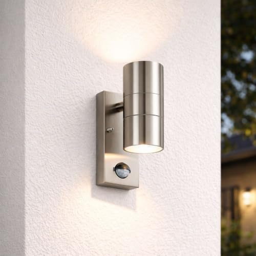 HOFTRONIC - LED Außenwandleuchte mit Bewegungsmelder und Dämmerungsschalter - GU10 Edelstahl - Up and Down wandleuchte - Moderne Wandlampe IP65 wasserdicht für Garten, Terrasse und Carport
