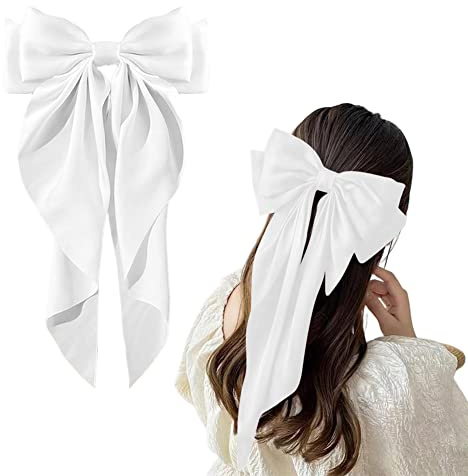 Large Hair Bow Clips for Women Girls Silky Satin Hair Barrettes with Long Ribbon Tail White Hair Bows Slides Wedding Hair Accessories for Women Girls
