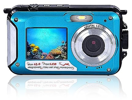 Cámara Digital a Prueba de Agua 10 Pies Pantallas Duales 16X Zoom Digital Full HD 2.7K 48MP para Natación Buceo Surf Río Corriente Océano Paisaje Parque Acuático Fotografía(Azul)
