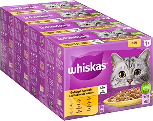 Whiskas 1 + Katzenfutter Geflügel Auswahl in Gelee, 12x85g (4 Packungen) – Hochwertiges Nassfutter für ausgewachsene Katzen in 48 Portionsbeuteln