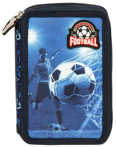 Ragusa-Trade Fussball Sport Soccer Football, 2-Fach Federtasche Federmappe, 27 TLG. gefüllt (PI18) für Kinder Jungen Mädchen, blau/schwarz, 21 x 12 x 4 cm