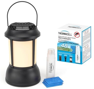THERMACELL Lampe Anti Moustiques et Moustiques Tigres - 20m² - 60h | Lanterne + Recharge - Sans Fil - Extérieur, Jardin - 5 Cartouches + 15 Plaquettes - Noir - THLANTNRECHA48N