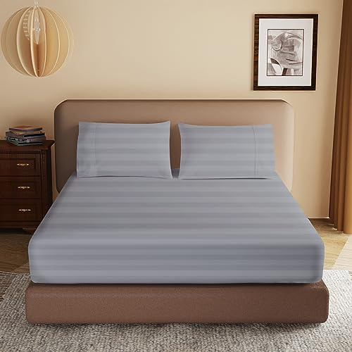 100% Egyptian Cotton Fitted Sheet Full Size, 600 Thread Count, Single Fitted Sheet Only,16 Deep Pocket Sheet, Soft & Elastic Sateen Weave Bottom Sheet for Hotel & Home (Gray-Stripe, Full)