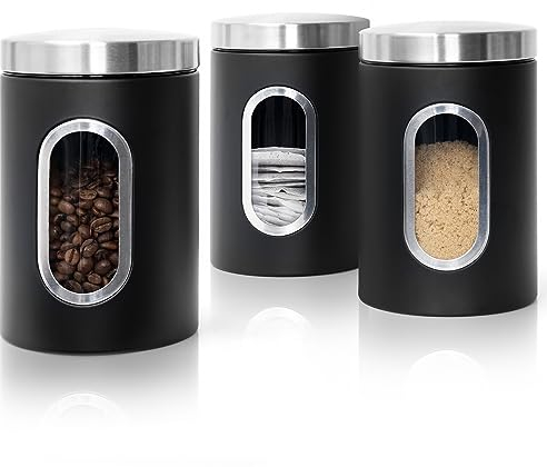 Elite Chef Tea Coffee and Sugar Canisters Set, 3 Pack Stainless Steel Kitchen Canisters, 17 x 11 cm Versatile Coffee and Tea Storage Jars, Transparent Window Airtight Biscuit Container Set