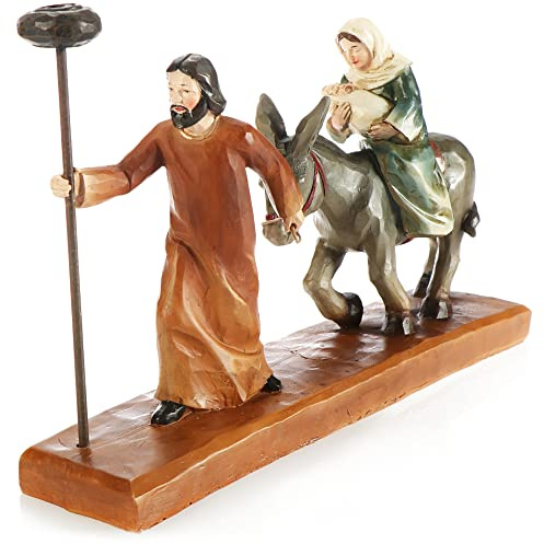 COM-FOUR® julkrubba figurer med ljushållare - Kristna juldekorationer - polyresin display - Maria, Josef och Jesus på en åsna - Flykten till Egypten (Födelselek - brun)