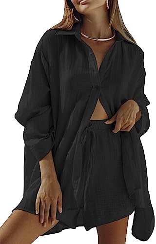 Sovoyontee Damen 2-Teiliges Sommer Langarm Loungewear Shorts Set Schlafanzug Outfit