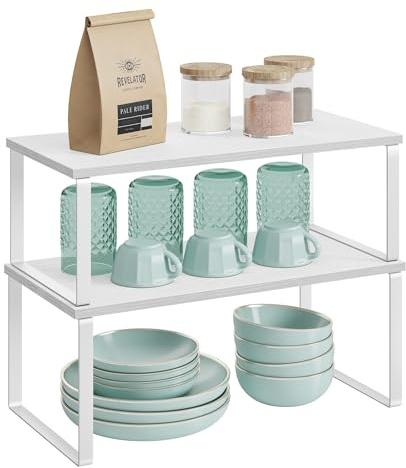 SONGMICS Gewürzregal, 2er Set Küchen-Organizer, erweiterbar, stapelbar | Küchenregal, kleines Regal, Metall und Holzwerkstoff, wolkenweiß-schneeweiß, BYSTRO Kollektion KCS025W01