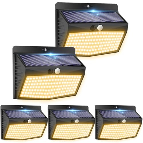 Peasur Warmweiß Solarlampen für außen mit bewegungsmelder [5 Stück], 138 Led Strahler mit Bewegungsmelder Außen 3 Modi, IP65 Wasserdichte Bewegungsmelder Aussen Solar für Garten