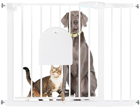 SUBTLETY Türschutzgitter mit Katzenklappe Auto Schließen Treppenschutzgitter Ohne Bohren Hundegitter mit Katzentür Erweiterbar Absperrgitter Schutzgitter für Kinder & Haustiere (Weiß, 95-105cm)