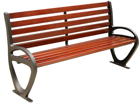 Gartenbank Wetterfest, Metall-Outdoor-Bank, Korrosionsbeständiger Holzhocker, Kunststoff-Holzstuhl, mit Rückenlehne und Armlehnen, für Rasen, Veranda, Hinterhof, Balkon(Color:Brown,Size:59in/150cm)