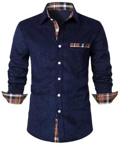 UHouse Hemd Herren Langarm Freizeithemd Business Herrenhemden Leichte Stehkragenhemd mit Brusttasche Lässig Cordhemd Basic Strandhemd Regular Fit Oberhemden Marineblau M