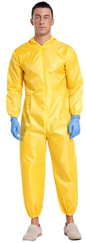 MSemis Arbeits-Overall mit Kapuze Herren Ganzkörper Langarm Jumpsuit + Latex Handschuhe Mechanisch Overall Schutzanzug Gelb XL