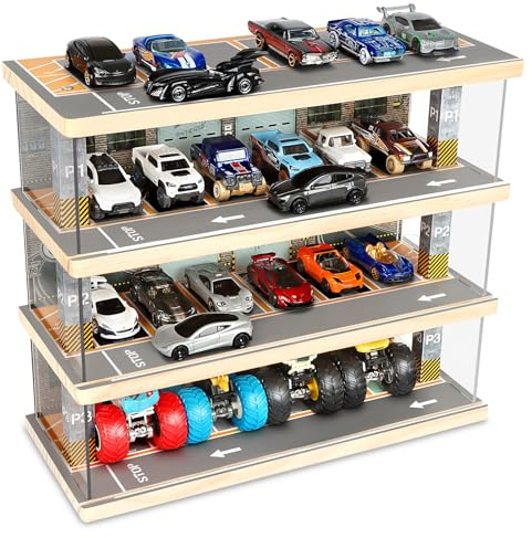 Saichotoy Toy Car Parking Garage - Freestanding Storage Display Case with Lights for 1/64 Scale Diecast Cars, 4 Levels 24 Spots Maximum 40 Cars (Car Not Included, Spot Printing Scene)