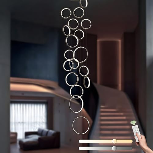 LAMPLAY LED-Kronleuchter Für Lange Treppen, Hoher Decke Mit 18 Schwarzen Ringen Lampe, DIY-Höhenverstellbare Pendelleuchte Für Den Eingangsbereich, Dimmbar Mit Fernbedienung 3000K-6000K