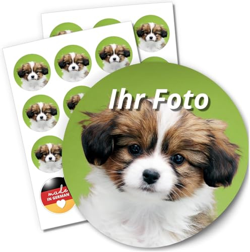 24 Aufkleber mit eigenem Foto PERSONALISIERT runde Etiketten 6cm mit individuellen Fotos Hochzeit Bild Logo Baby Geburtstag Schule Gastgeschenke Mitgebsel Taufe