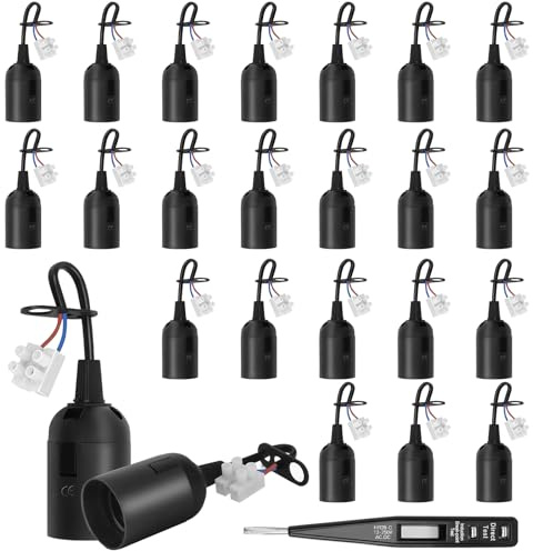 VEUWOLM 25 Pcs Douille de Lampe E27 Support Ampoule E27 avec Testeur de Phase, Douille avec Câble Base de Lumière Suspension Culot de Chantier (noir)