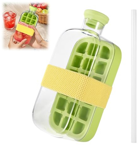 Ice Cube Bottle, Plastic 2-in-1 Touch-Free Ice Cube Tray Water Bottle Making Maker Cup with Straw BPA-Free Silicone Lid and Wide Elastic Webbing for Freezer Coffee Juice Beverages(Green-800ml)