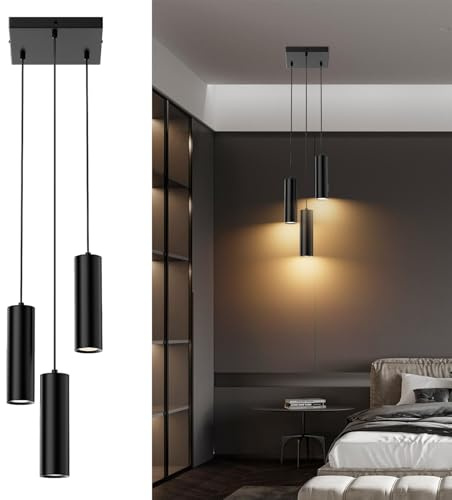 Klighten Lampada a Sospensione Cilindro GU10 Moderne 3 Luci, Lampadario a Sospensione in Alluminio per Soggiorno Camera da Letto Cucina Tavolo da Pranzo, Nero, Lampadina non Inclusa