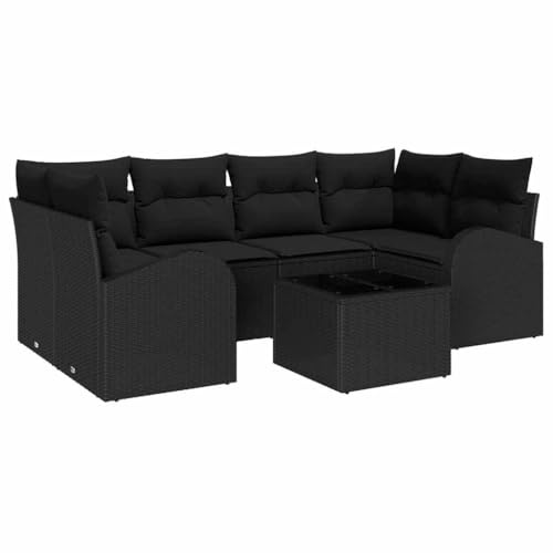 vidaXL 7 Delars Trädgårdsoffas med Kuddar Svart Poly Rattan
