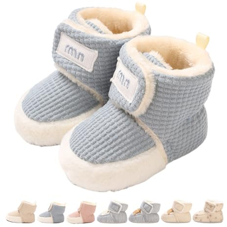 Baby Boys Girls Winter Warm Fleece Booties Snow Boots Newborn Non-Slip Soft Sole Sock Shoes Slippers Toddler Cotton Thermal Adjustable Crawling Barefoot Walker Shoes Waffle Blue 12-18 Months