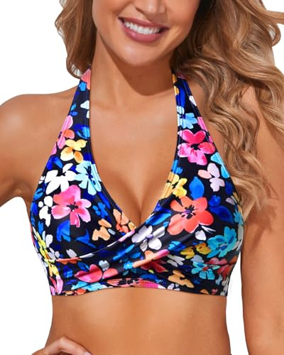 Holipick Neckholder-Bikinioberteil für Damen, Push-Up-Badeanzug, V-Ausschnitt, volle Abdeckung, nur Oberteil, Blaue, bunte Blumen, XL