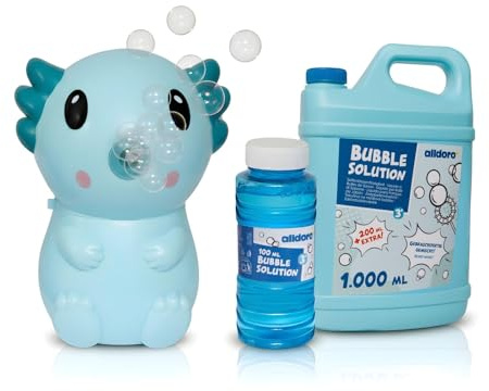 alldoro 2-in-1 Seifenblasen-Set, Bubble-Spielzeug, Pusteblasen-Spielzeug | Seifenblasenmaschine Axolotl & Seifenblasen-Flüssigkeit Nachfüllflasche 1,2 L, Für Kinder ab 3 Jahren