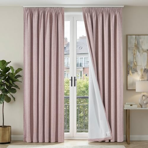 TOPICK Gardinen mit Kräuselband Verdunklungsvorhänge 100% Blickdicht, H245xB140 cm Vorhänge Wohnzimmer Schlafzimmer Blackout Curtains Übergardinen Gardinen Leinenoptik Landhausstil 2er Set Rosa