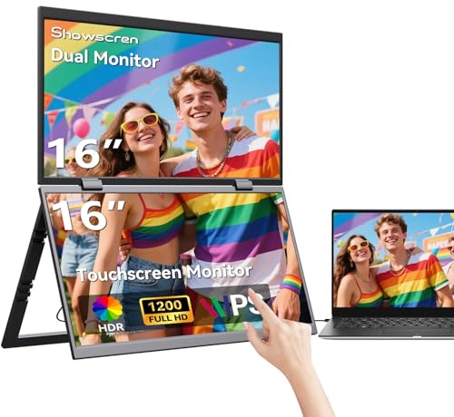 Showscren 16 Inch Foldable Dual Touchscreen Portable Monitor, Stacked Dual External Laptop IPS Display, 1920×1200 HDR 99% sRGB, USB-C & HDMI Plug & Play for PC, Mac, Office, Gaming