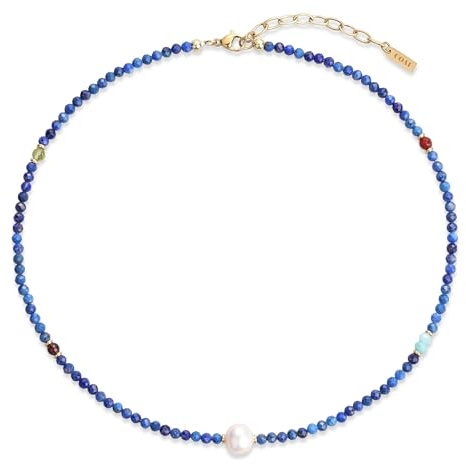 COAI Collar Mujer con Lapislázuli Facetado 3mm, Cuentas de Peridoto, Cornalina, Granate y Amazonita, Gargantilla Mujer Elegante con Perla Natural Central