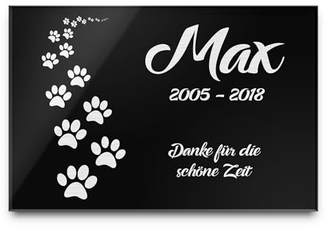 CHRISCK design Gedenktafel mit Gravur Grabstein Grabplatte 100% Kratzfest und witterungsbeständig Grabschmuckfür Tiere Hunde Katze versch. Größen ab 20x15 cm Motiv Pfoten Pfötchen