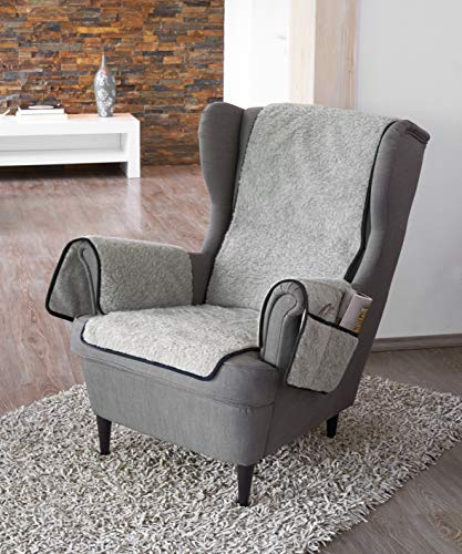 Schurwoll-Sesselschoner mit Armlehnenschoner, Grau, Flor aus 100% Schurwolle, Mittelteil ca. 160 x 50 cm, Armlehnenschoner ca. 60 x 40 cm