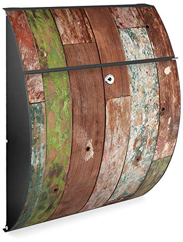 banjado Design Briefkasten - Modell Riviera 46x33,5x13cm groß - verzinkter Stahl anthrazit - Postkasten Öffnungsstopp großer A4 Einwurf Zylinderschloss 2 Schlüssel - Motiv Buntes Holz