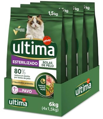 Ultima Esterilizado Bolas de pelo Pavo, Comida seca para gatos, Pack de 4 x 1,5kg, Total 6kg