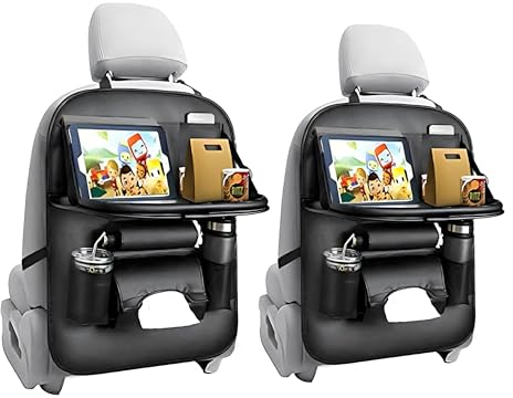 EAQ 2 Pack Car Seat Organiser with Foldable Table Tray, PU Leather Car Back seat Organiser for Kids Storage with Foldable Dining Table Holder Pocket