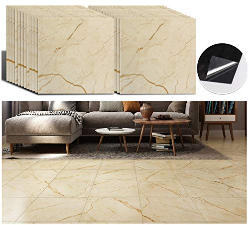 VEELIKE Piastrelle Adesive Pavimento Marmo Giallo 24 Pezzi PVC Adesivo Pavimento Garage Mattonelle Adesive Cucina Adesivi per Piastrelle Bagno Pavimenti in PVC Soggiorno 30 cm x 30 cm