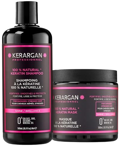 Kerargan - Duo Ultra Reparatur Shampoo & Maske mit Keratin für strapazierte und gestresste Haare - Nährt, Glättet & Schützt - Ohne Sulfate, GVO, Silikone - 2x500 ml | Shampoo und Haarmaske reinigen und reparieren geschädigtes oder strapaziertes Haar intensiv