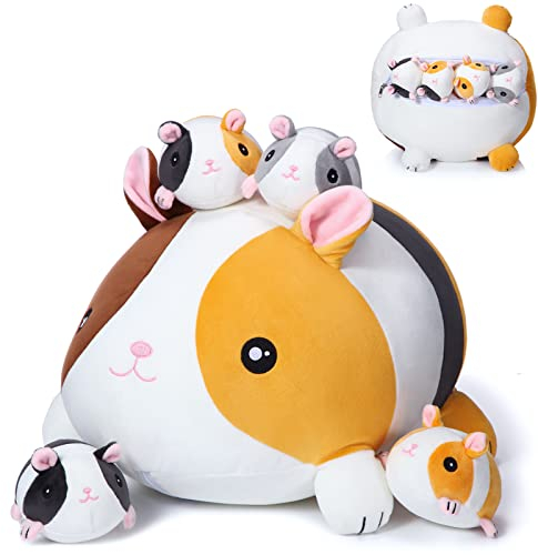 Threan 5 Stück Meerschweinchen Kuscheltiere 35 cm Mutter mit 10 cm Baby Niedliche Plüschtiere Spielzeug Weiche Stofftiere Puppen für Jungen Mädchen Geburtstag Geschenk