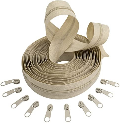 AERZETIX - C62561x5-C62867x10 - Kit di cerniera lampo spirale 5m N°3 colore: beige chiaro + 10 cursori N°3 non bloccabile colore: beige chiaro - in metallo - merceria cucito