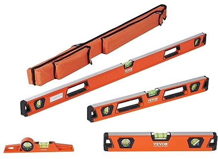 VEVOR Wasserwaage Aluminium Magnetwasserwaage 1222/610/411/249mm 3 Libellen 45-Grad-Winkel, Horizontal und Vertikal 0,5mm/m inkl. Nylon-Aufbewahrungstasche Professional Wasserwaage Set