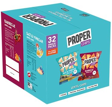 PROPER - Multipack Box, Barbecue and Salt & Vinegar Lentil Chips, Vegan, Gluten Free Snacks, 14g, 32 Packs, (16 bags of each flavour)